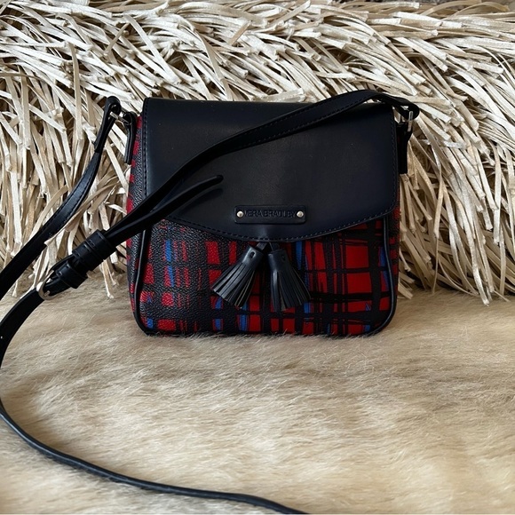 VERA BRADLEY Navy & Red Art Plaid S Tasseled Crossbody Bag Vegan Leather Flap - Picture 1 of 10